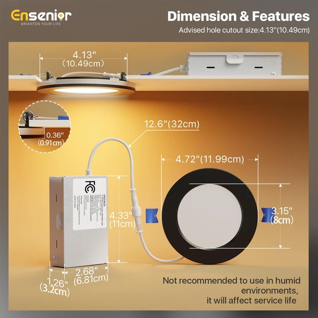 Alt view image 7 of 7 - Ensenior 6 Pack 4 Inch LED Recessed Lights with Night Light, 5CCT 750LM | Ultra-Thin Ceiling Light, Canless Wafer Downlight, 2700K-5000K Selectable, Dimmable, 9W, Damp Rated, ETL&FCC&IC