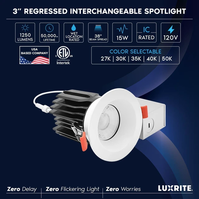Alt view image 7 of 7 - LUXRITE 3 Inch LED Regressed Canless Spotlight + Round White Interchangeable Trim, 5CCT 2700K-5000K, Twist N' Lock, Recessed Lighting, 15W, 1250LM, CRI90, Dimmable, 38° Beam, IC & Wet Rated