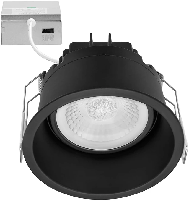 Main image of Maxxima 4" Black Recessed LED Eyeball Gimbal Downlight, 1000 Lumens, 5 CCT | Adjustable Color Select 2700K/3000K/3500K/4000K/5000K, 360° Rotation 30° Tilt, Dimmable Canless, IC Rated, J-Box Included