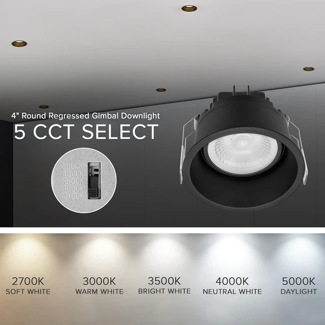 Alt view image 5 of 7 - Maxxima 4" Black Recessed LED Eyeball Gimbal Downlight, 1000 Lumens, 5 CCT | Adjustable Color Select 2700K/3000K/3500K/4000K/5000K, 360° Rotation 30° Tilt, Dimmable Canless, IC Rated, J-Box Included