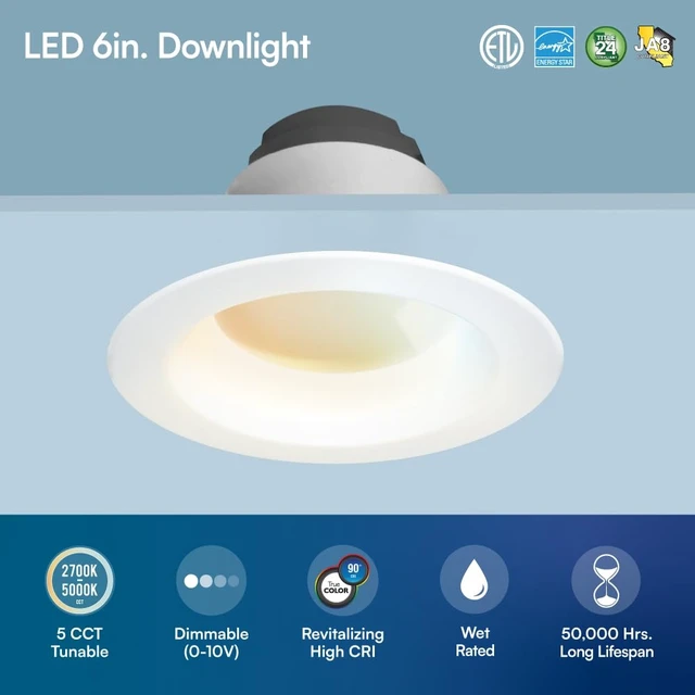 Alt view image 4 of 7 - Euri Lighting DLC6C-16W203swej, 6 Commercial Downlight 120-277v, CCT (27/3/35/4/5) & Watt (7/10/16) Tunable, 0-10V DIM, 90+ CRI, Wet Rated, IC-Rated, UL, T24, JA8, Energy Star, 3YR, 50K HR WTY