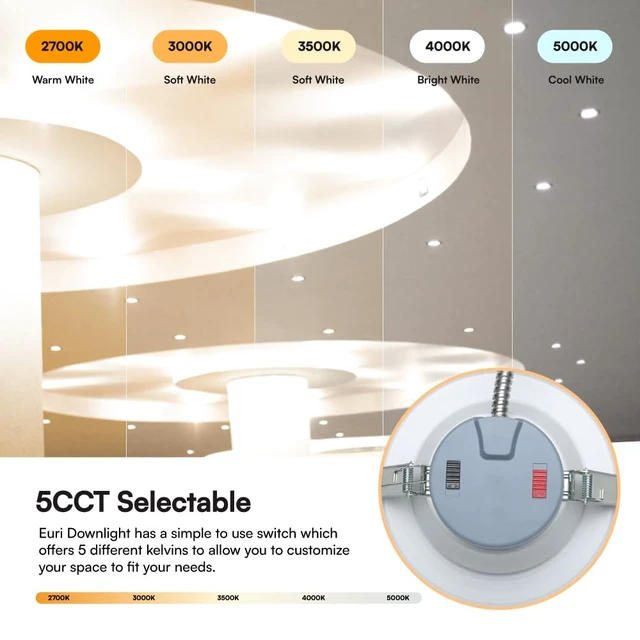 Alt view image 6 of 7 - Euri Lighting DLC6C-16W203swej, 6 Commercial Downlight 120-277v, CCT (27/3/35/4/5) & Watt (7/10/16) Tunable, 0-10V DIM, 90+ CRI, Wet Rated, IC-Rated, UL, T24, JA8, Energy Star, 3YR, 50K HR WTY