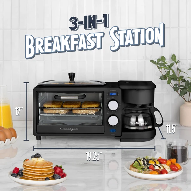 Alt view image 2 of 6 - Nostalgia 3-in-1 Retro Breakfast Station - Includes 5 (4 Oz) Cup Coffee Maker, Non-Stick Ceramic Griddle, and 4-Slice Toaster Oven - Built-In Timer, Reusable Coffee Filter, Space-Saving Design - Black