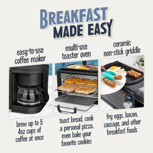 Alt view image 3 of 6 - Nostalgia 3-in-1 Retro Breakfast Station - Includes 5 (4 Oz) Cup Coffee Maker, Non-Stick Ceramic Griddle, and 4-Slice Toaster Oven - Built-In Timer, Reusable Coffee Filter, Space-Saving Design - Black
