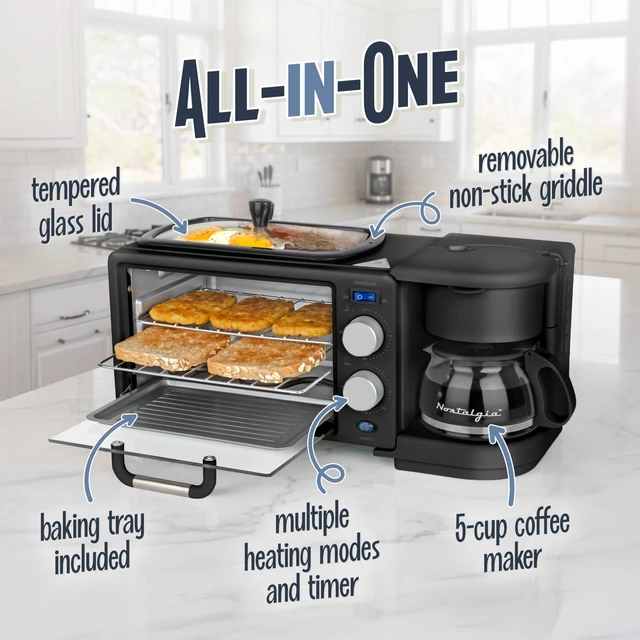 Alt view image 4 of 6 - Nostalgia 3-in-1 Retro Breakfast Station - Includes 5 (4 Oz) Cup Coffee Maker, Non-Stick Ceramic Griddle, and 4-Slice Toaster Oven - Built-In Timer, Reusable Coffee Filter, Space-Saving Design - Black