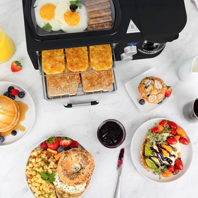 Alt view image 5 of 6 - Nostalgia 3-in-1 Retro Breakfast Station - Includes 5 (4 Oz) Cup Coffee Maker, Non-Stick Ceramic Griddle, and 4-Slice Toaster Oven - Built-In Timer, Reusable Coffee Filter, Space-Saving Design - Black