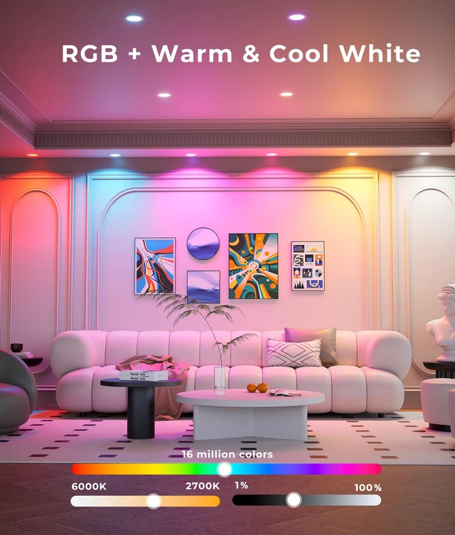 Alt view image 2 of 7 - DeerTalk Smart Recessed Lighting 6 Inch,1200LM LED Recessed Lights 4 Pack | WiFi&Bluetooth RGBCW Color Changing 2700-6000K Dimmable Canless Recessed Ceiling Light with J-Box,Work with Alexa&Google,12W