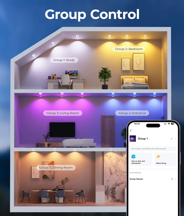 Alt view image 7 of 7 - DeerTalk Smart Recessed Lighting 6 Inch,1200LM LED Recessed Lights 4 Pack | WiFi&Bluetooth RGBCW Color Changing 2700-6000K Dimmable Canless Recessed Ceiling Light with J-Box,Work with Alexa&Google,12W