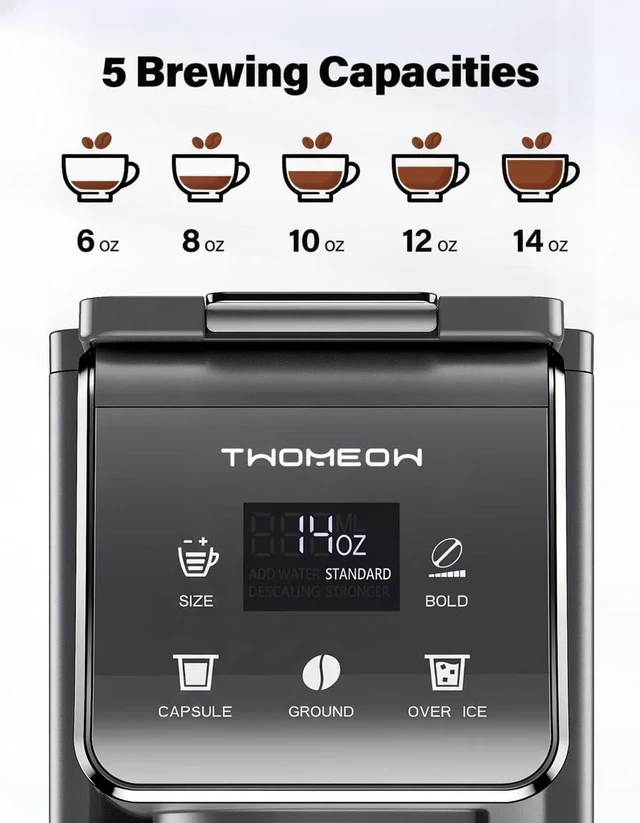 Alt view image 6 of 7 - TWOMEOW K Cup Coffee Maker, Single Serve Hot & Iced for K-Cup & Grounds | 52oz Removable Reservoir, Single Cup Coffee Maker with Bold Setting, 6-14oz Brew Sizes, Reusable Filter, Compact Design, Gray