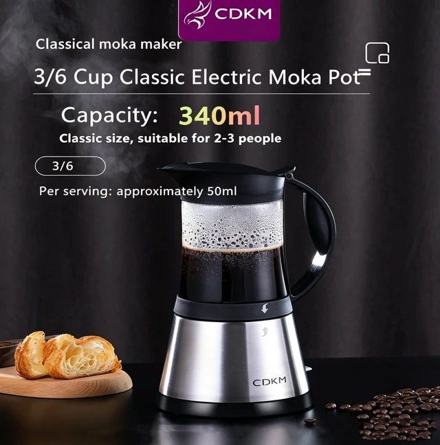Alt view image 2 of 7 - CDKM Electric Moka pot, 3/6 Cup Espresso pot, Glass Top(340ML) | Borosilicate Glass Coffee Machine, coffee maker,Full automatic,Italian Espresso Maker,Italian flavor,Easy and Secure