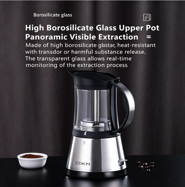 Alt view image 4 of 7 - CDKM Electric Moka pot, 3/6 Cup Espresso pot, Glass Top(340ML) | Borosilicate Glass Coffee Machine, coffee maker,Full automatic,Italian Espresso Maker,Italian flavor,Easy and Secure