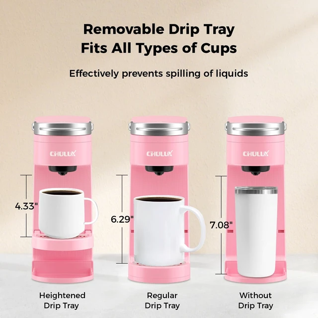Alt view image 5 of 7 - CHULUX Slim Single Serve Coffee Maker for K Cup Pod for Small Spaces, Pink | Fast-Heating Boiler System, 4-Hole Needle for Richer Flavor, Adjustable Drip Tray for 7.3" Travel Mug, Food Grade Material