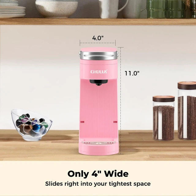 Alt view image 6 of 7 - CHULUX Slim Single Serve Coffee Maker for K Cup Pod for Small Spaces, Pink | Fast-Heating Boiler System, 4-Hole Needle for Richer Flavor, Adjustable Drip Tray for 7.3" Travel Mug, Food Grade Material