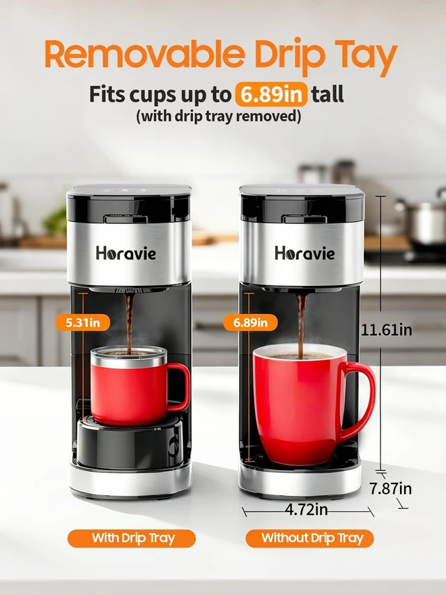 Alt view image 2 of 7 - Horavie Single Serve Coffee Maker, Hot and Iced Coffee Maker for Pod and Ground, 6 to 14 Oz Brew Sizes Single Cup Coffee Maker with Descaling Alert, Ideal for Home, Travel, RV and Dorm,Black