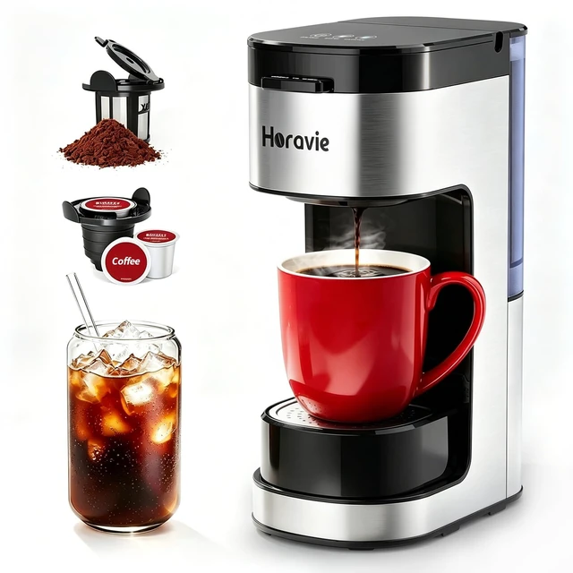 Main image of Horavie Single Serve Coffee Maker, Hot and Iced Coffee Maker for Pod and Ground, 6 to 14 Oz Brew Sizes Single Cup Coffee Maker with Descaling Alert, Ideal for Home, Travel, RV and Dorm,Black