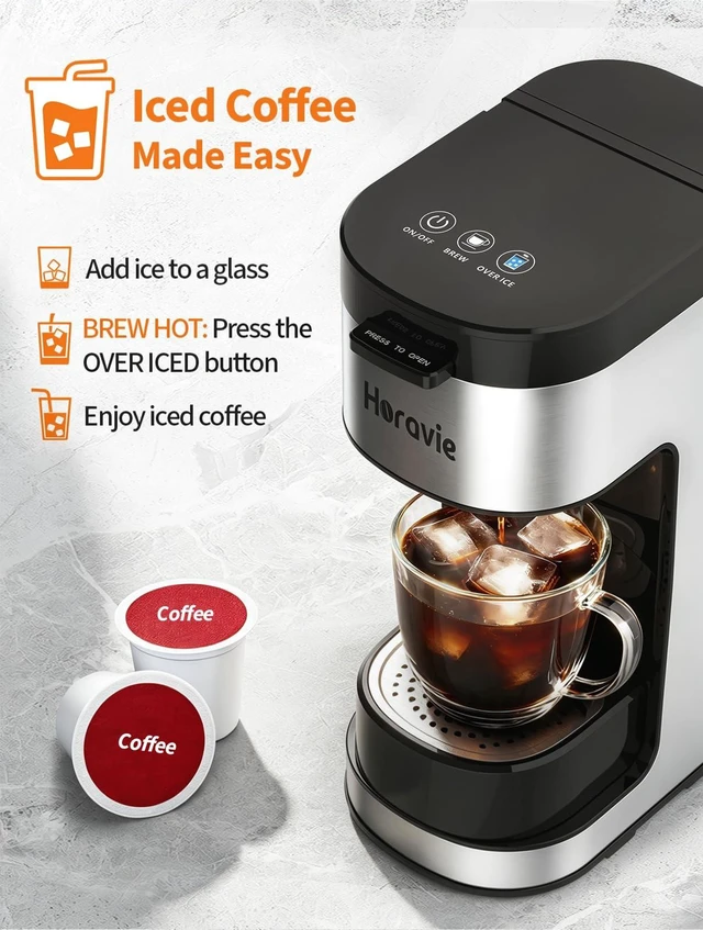 Alt view image 4 of 7 - Horavie Single Serve Coffee Maker, Hot and Iced Coffee Maker for Pod and Ground, 6 to 14 Oz Brew Sizes Single Cup Coffee Maker with Descaling Alert, Ideal for Home, Travel, RV and Dorm,Black