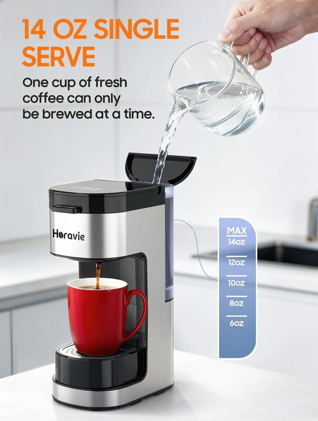 Alt view image 7 of 7 - Horavie Single Serve Coffee Maker, Hot and Iced Coffee Maker for Pod and Ground, 6 to 14 Oz Brew Sizes Single Cup Coffee Maker with Descaling Alert, Ideal for Home, Travel, RV and Dorm,Black