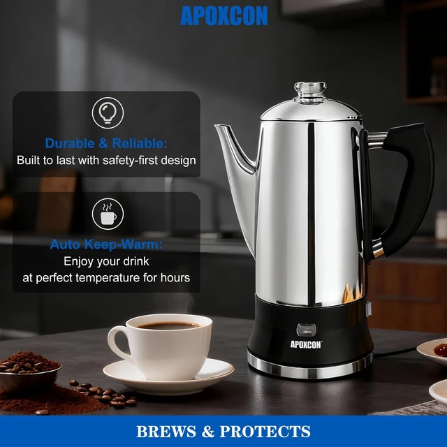 Alt view image 5 of 7 - APOXCON Electric Coffee Percolator Stainless Steel Coffee Maker with Glass Knob & On/OFF Switch Classic Coffee Pot with Keep Warm Cordless Serve - No Aluminum No Plastic Contact with Beverage (12 Cup)