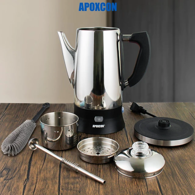 Alt view image 6 of 7 - APOXCON Electric Coffee Percolator Stainless Steel Coffee Maker with Glass Knob & On/OFF Switch Classic Coffee Pot with Keep Warm Cordless Serve - No Aluminum No Plastic Contact with Beverage (12 Cup)