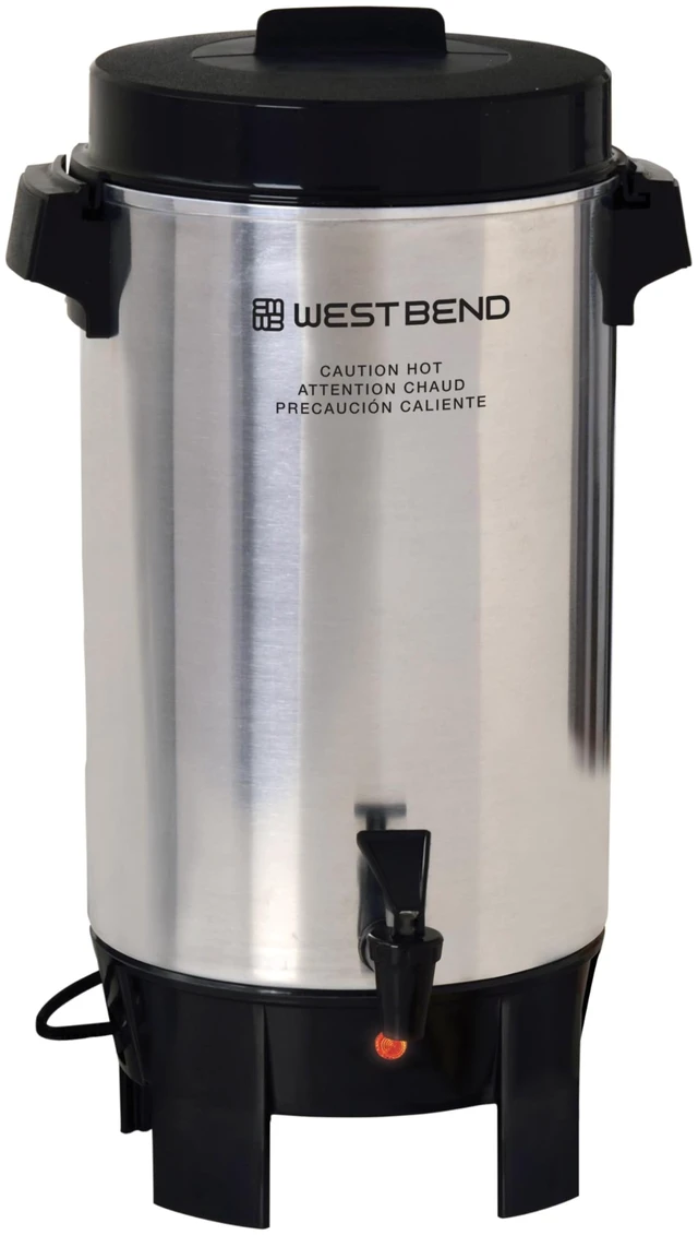 Main image of West Bend Coffee Urn Highly-Polished Aluminum Features Automatic Temperature Control with Cup Per Minute Brewing and Easy Clean Up Includes In-Basket Measuring Guide and Ready Light, 42-Cup, Silver