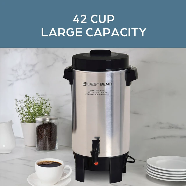 Alt view image 2 of 7 - West Bend Coffee Urn Highly-Polished Aluminum Features Automatic Temperature Control with Cup Per Minute Brewing and Easy Clean Up Includes In-Basket Measuring Guide and Ready Light, 42-Cup, Silver
