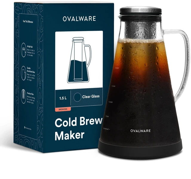 Main image of OVALWARE Airtight Cold Brew Coffee Maker with Tea Infuser & Spout 1.5L/51oz | Borosilicate Cold Brew Coffee & Iced Tea Maker with Removable Strainer & Spout | Ideal for Home Baristas & Tea Enthusiasts