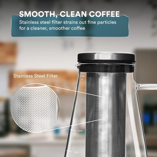 Alt view image 4 of 7 - OVALWARE Airtight Cold Brew Coffee Maker with Tea Infuser & Spout 1.5L/51oz | Borosilicate Cold Brew Coffee & Iced Tea Maker with Removable Strainer & Spout | Ideal for Home Baristas & Tea Enthusiasts