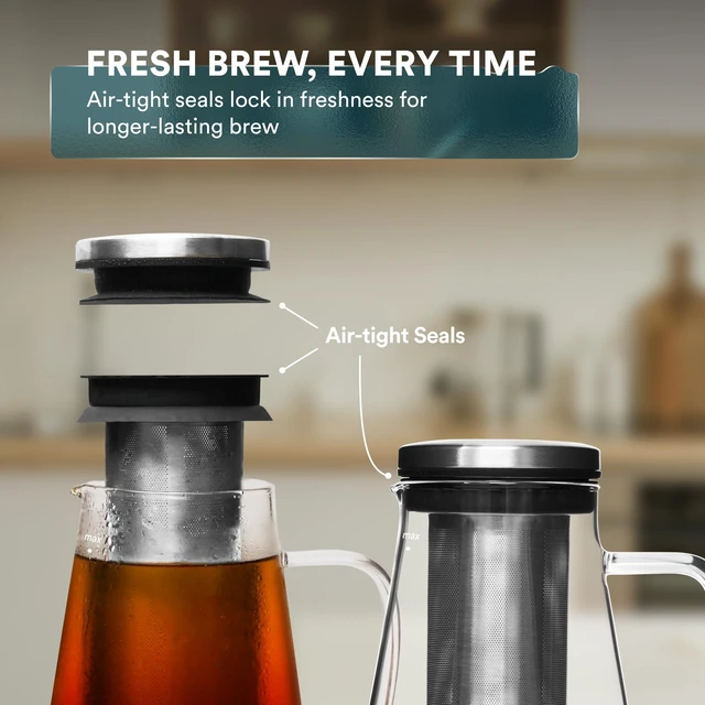 Alt view image 5 of 7 - OVALWARE Airtight Cold Brew Coffee Maker with Tea Infuser & Spout 1.5L/51oz | Borosilicate Cold Brew Coffee & Iced Tea Maker with Removable Strainer & Spout | Ideal for Home Baristas & Tea Enthusiasts