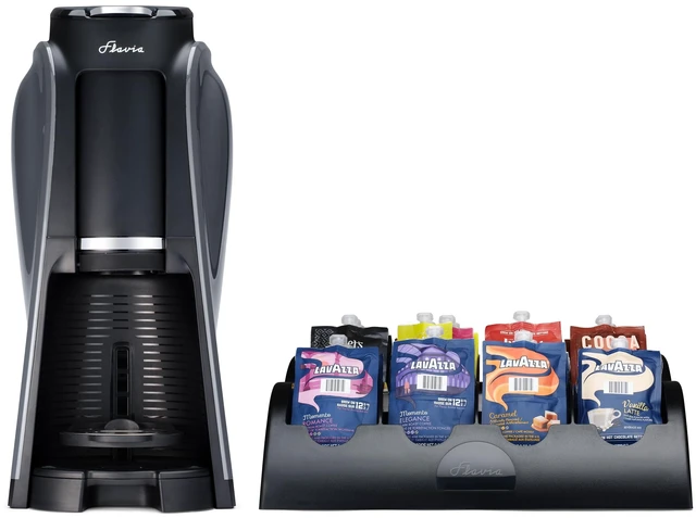 Main image of Flavia Aroma Brewer Bundle with 84 Freshpacks and 1 Merchandiser - Coffee Machine, Makes Coffee, Lattes, Tea, and other Hot or Iced Beverages, Multiple Brew Sizes, Black, Works ONLY with Freshpacks