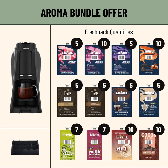 Alt view image 2 of 7 - Flavia Aroma Brewer Bundle with 84 Freshpacks and 1 Merchandiser - Coffee Machine, Makes Coffee, Lattes, Tea, and other Hot or Iced Beverages, Multiple Brew Sizes, Black, Works ONLY with Freshpacks