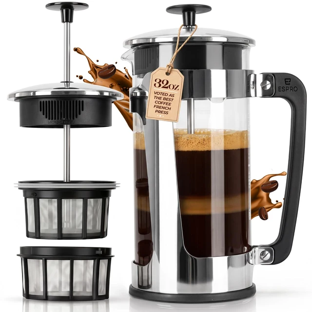 Main image of ESPRO P5 French Press Coffee Maker, 32oz, Polished, Double Filter Press | Grit-Free Coffee Press, Thicker Borosilicate Heat Resistant Glass french press, Tea Press, Easy Coffee Brewer, Tea Brewer