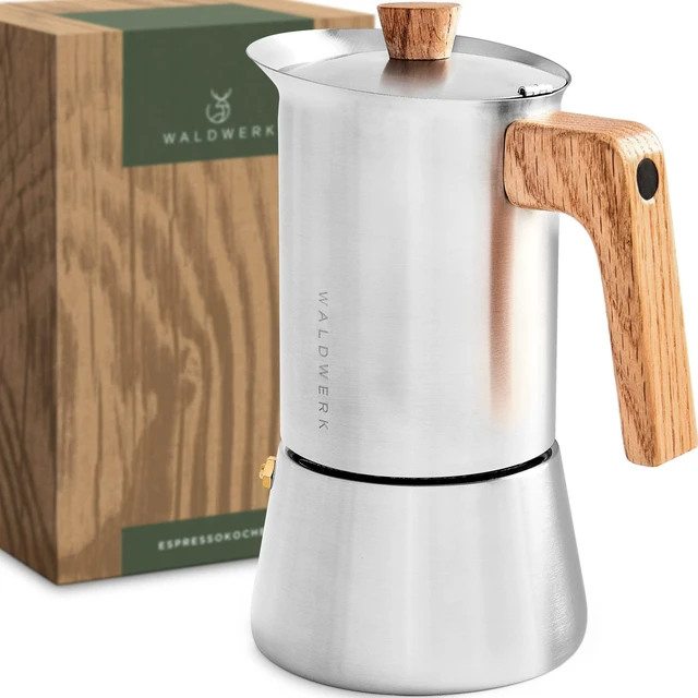Main image of WALDWERK Stainless Steel Moka Pot (10oz) - Toxic Free Moka Pot with Oak Wood Handle - Stovetop Espresso Maker - Italian Coffee Maker for Stovetop and Induction