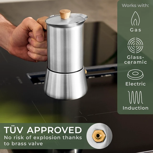 Alt view image 2 of 6 - WALDWERK Stainless Steel Moka Pot (10oz) - Toxic Free Moka Pot with Oak Wood Handle - Stovetop Espresso Maker - Italian Coffee Maker for Stovetop and Induction