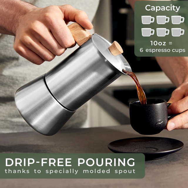 Alt view image 4 of 6 - WALDWERK Stainless Steel Moka Pot (10oz) - Toxic Free Moka Pot with Oak Wood Handle - Stovetop Espresso Maker - Italian Coffee Maker for Stovetop and Induction