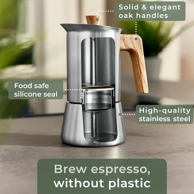 Alt view image 3 of 6 - WALDWERK Stainless Steel Moka Pot (10oz) - Toxic Free Moka Pot with Oak Wood Handle - Stovetop Espresso Maker - Italian Coffee Maker for Stovetop and Induction
