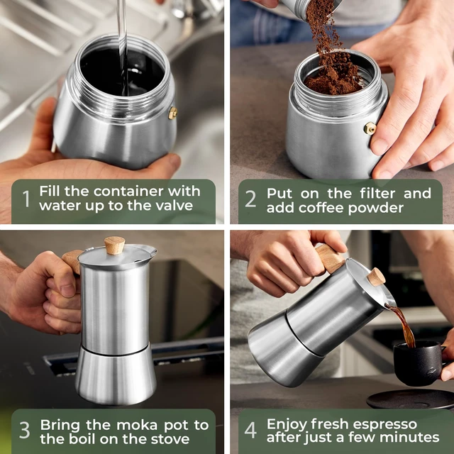 Alt view image 5 of 6 - WALDWERK Stainless Steel Moka Pot (10oz) - Toxic Free Moka Pot with Oak Wood Handle - Stovetop Espresso Maker - Italian Coffee Maker for Stovetop and Induction