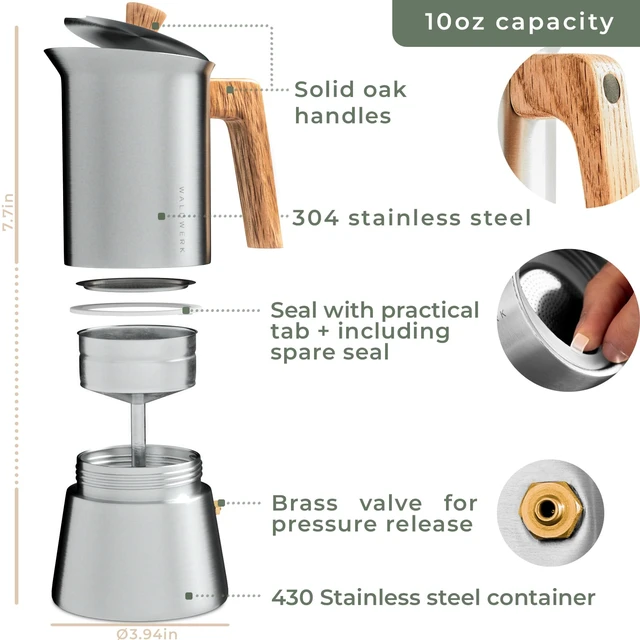 Alt view image 6 of 6 - WALDWERK Stainless Steel Moka Pot (10oz) - Toxic Free Moka Pot with Oak Wood Handle - Stovetop Espresso Maker - Italian Coffee Maker for Stovetop and Induction