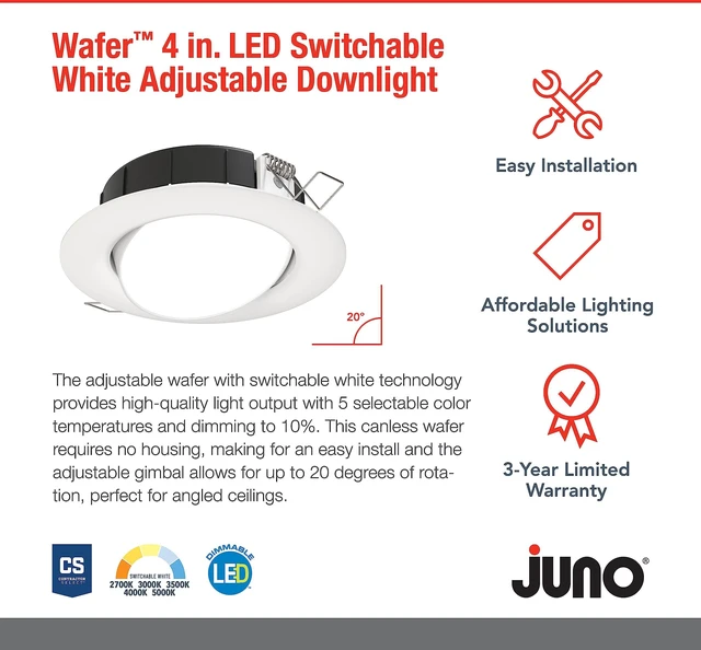 Alt view image 2 of 7 - Juno 4" Adjustable LED Wafer Downlight, 5-in-1 CCT, Matte White | 4-Inch LED, Damp Location Listed, Switchable Color Temperature 2700K/3000K/3500K/4000K/5000K, 90+ CRI
