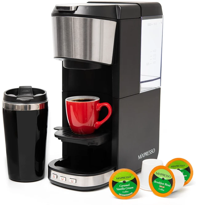 Main image of Mixpresso Coffee Maker Single Serve For Ground Coffee & Compatible With K Cup Pods, With 14oz Travel Mug & Reusable Filter For Home, Office & Camping, 30oz Removable Water Tank.