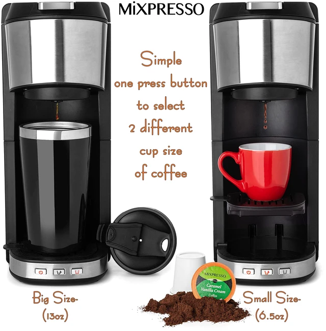 Alt view image 2 of 7 - Mixpresso Coffee Maker Single Serve For Ground Coffee & Compatible With K Cup Pods, With 14oz Travel Mug & Reusable Filter For Home, Office & Camping, 30oz Removable Water Tank.