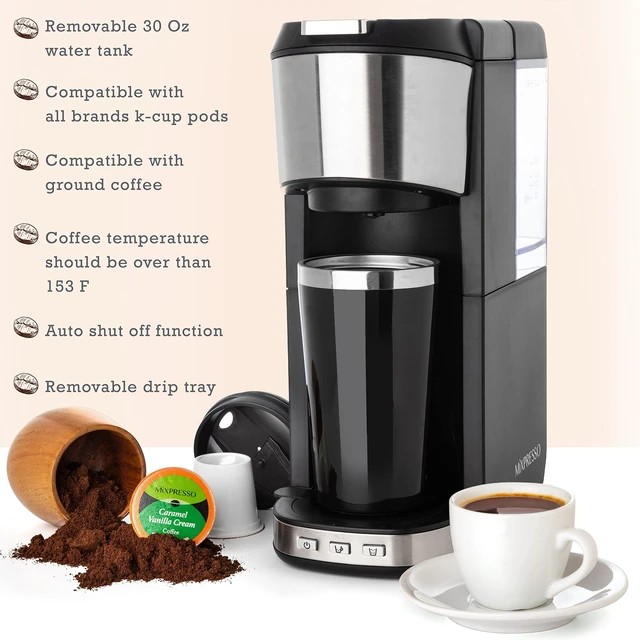 Alt view image 3 of 7 - Mixpresso Coffee Maker Single Serve For Ground Coffee & Compatible With K Cup Pods, With 14oz Travel Mug & Reusable Filter For Home, Office & Camping, 30oz Removable Water Tank.