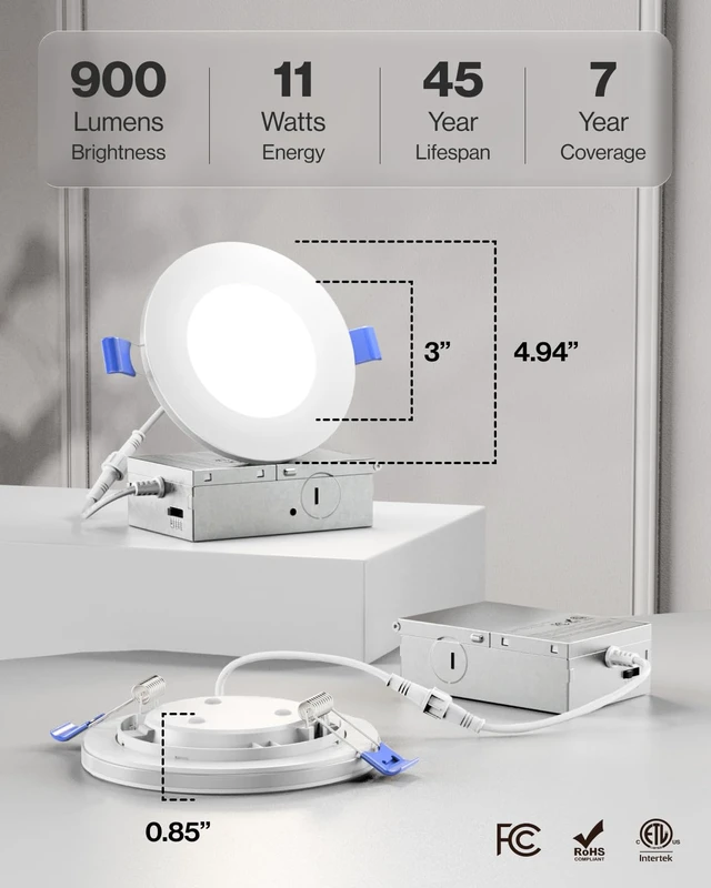 Alt view image 6 of 6 - Sunco 12 Pack 4 Inch Recessed Lights, Night Light, 5CCT 11W=110W, Dimmable | 900LM, Selectable CCT 2700K/3000K/4000K/5000K/6000K, Dimmable, Slim Recessed Downlight with Junction Box, Indoor Lighting