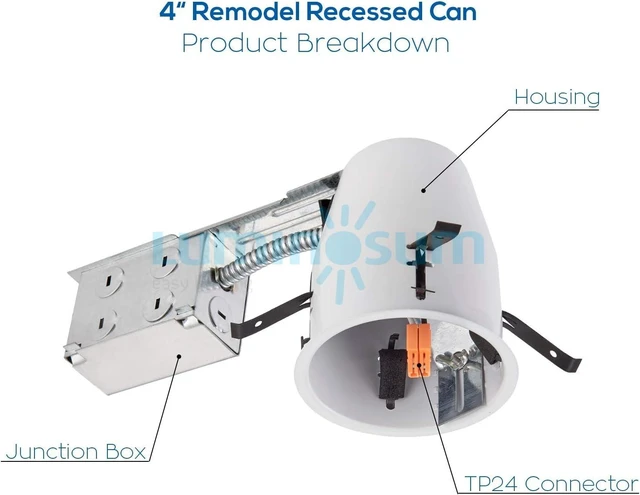 Alt view image 4 of 7 - LUMINOSUM 4 Inch Remodel Recessed Lighting Housing IC Rated UL-Listed 8Pack | Air Tight Ceiling Can with J-Box, TP24 Connector and E26 Socket, Easy Install