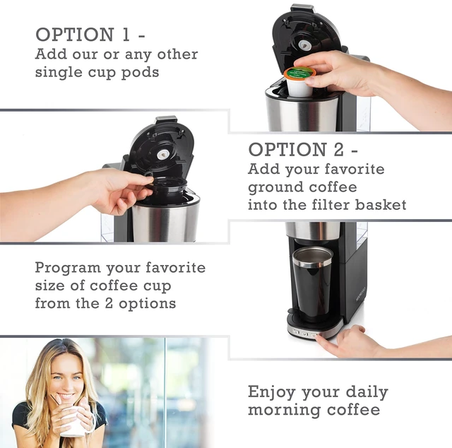 Alt view image 4 of 7 - Mixpresso Coffee Maker Single Serve For Ground Coffee & Compatible With K Cup Pods, With 14oz Travel Mug & Reusable Filter For Home, Office & Camping, 30oz Removable Water Tank.