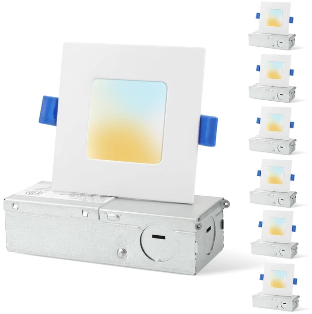 Main image of HONZIN 6 Pack 3 Inch Square LED Recessed Lighting, 5CCT, 6W, Dimmable | Ultra-Thin Canless Downlights with Selectable 2700K/3000K/3500K/4000K/5000K, IC Rated, Junction Box, White