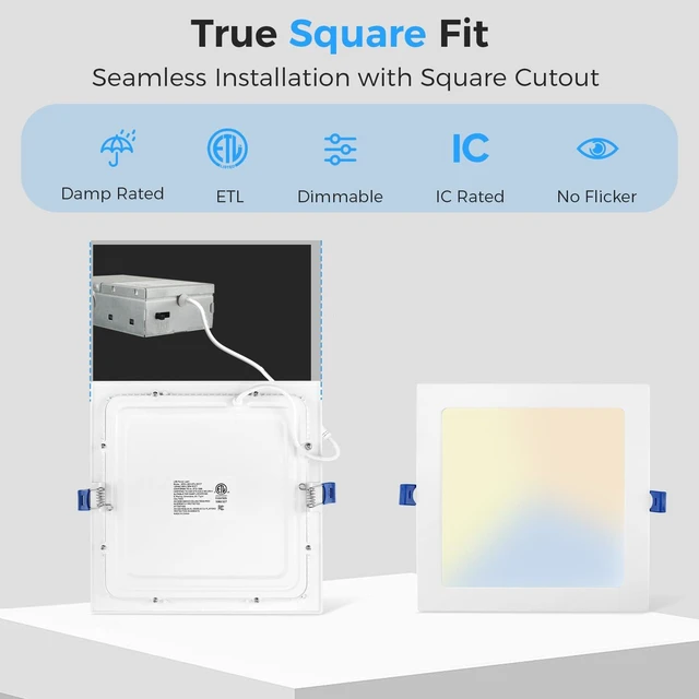 Alt view image 2 of 7 - HONZIN 6 Pack 3 Inch Square LED Recessed Lighting, 5CCT, 6W, Dimmable | Ultra-Thin Canless Downlights with Selectable 2700K/3000K/3500K/4000K/5000K, IC Rated, Junction Box, White