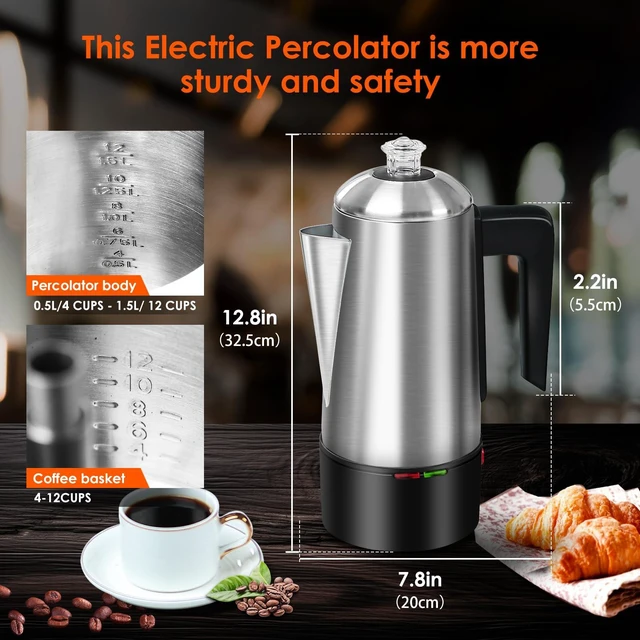 Alt view image 3 of 7 - HOMOKUS Electric Coffee Percolator 12 CUPS Percolator Coffee Pot,800W Percolator Coffee Maker Stainless Steel with Clear Knob Cool-touch Handle,Coffee Pot Percolator Auto Keep Warm Function
