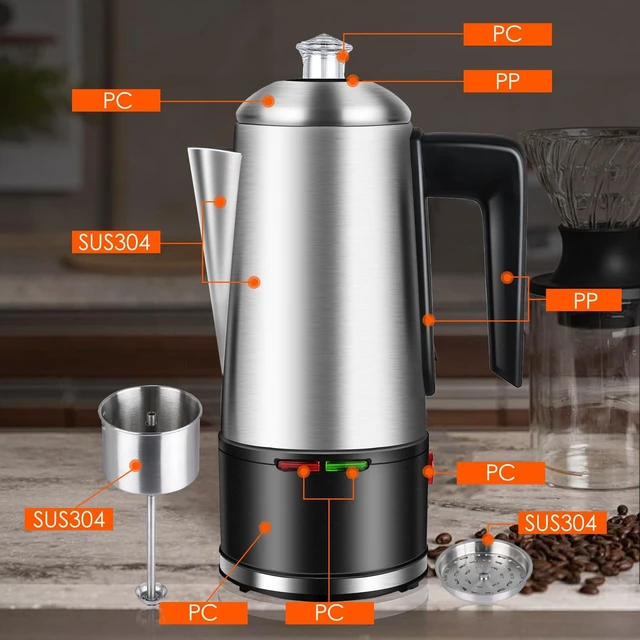 Alt view image 4 of 7 - HOMOKUS Electric Coffee Percolator 12 CUPS Percolator Coffee Pot,800W Percolator Coffee Maker Stainless Steel with Clear Knob Cool-touch Handle,Coffee Pot Percolator Auto Keep Warm Function