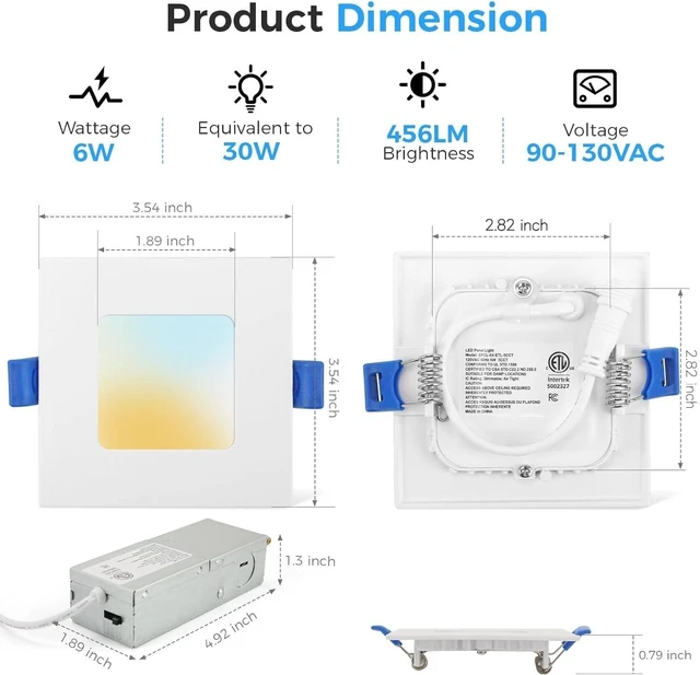Alt view image 5 of 7 - HONZIN 6 Pack 3 Inch Square LED Recessed Lighting, 5CCT, 6W, Dimmable | Ultra-Thin Canless Downlights with Selectable 2700K/3000K/3500K/4000K/5000K, IC Rated, Junction Box, White