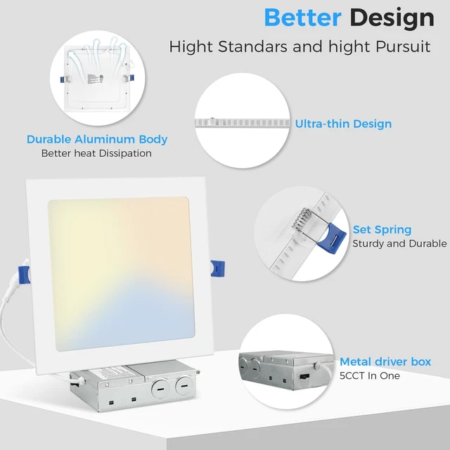 Alt view image 6 of 7 - HONZIN 6 Pack 3 Inch Square LED Recessed Lighting, 5CCT, 6W, Dimmable | Ultra-Thin Canless Downlights with Selectable 2700K/3000K/3500K/4000K/5000K, IC Rated, Junction Box, White